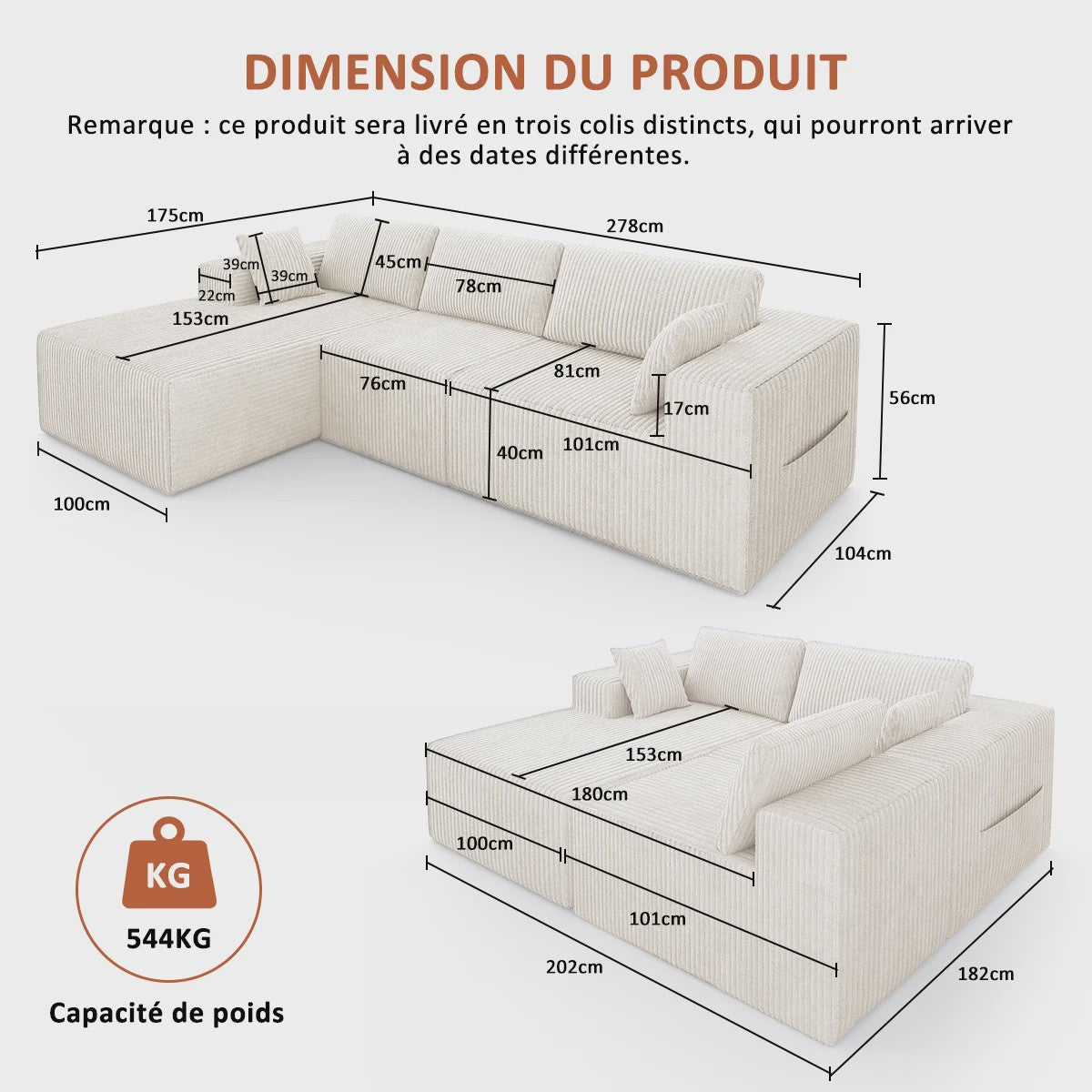 Moderne L-vormige Velvet Hoekbank 278x175cm - Geen Montage Vereist