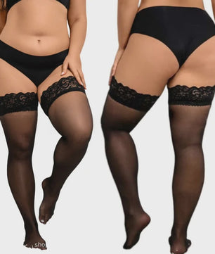 Zwarte Visnet Kousen met Kanten Boord - Dijhoog & Over de Knie - Plus Size XXXXL - Anti-slip Siliconen