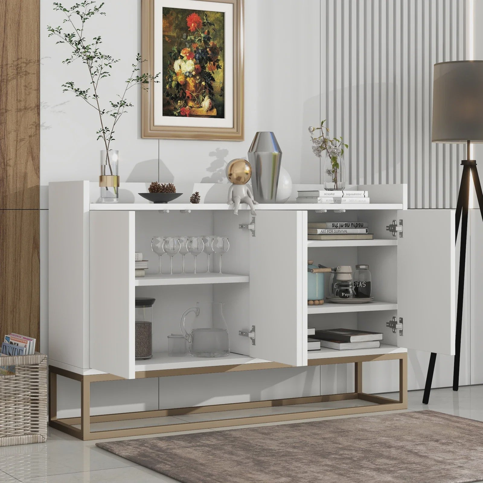 Modern Dressoir met 4 Deuren en Handgreep-loos Design - Wit, Zwart of Blauw