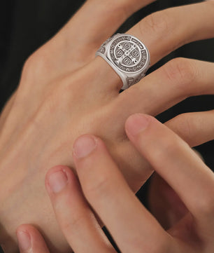 Sint Benedictus Ring 925 Sterling Zilver - Verstelbaar, Vintage Kruis Medaille Juweel