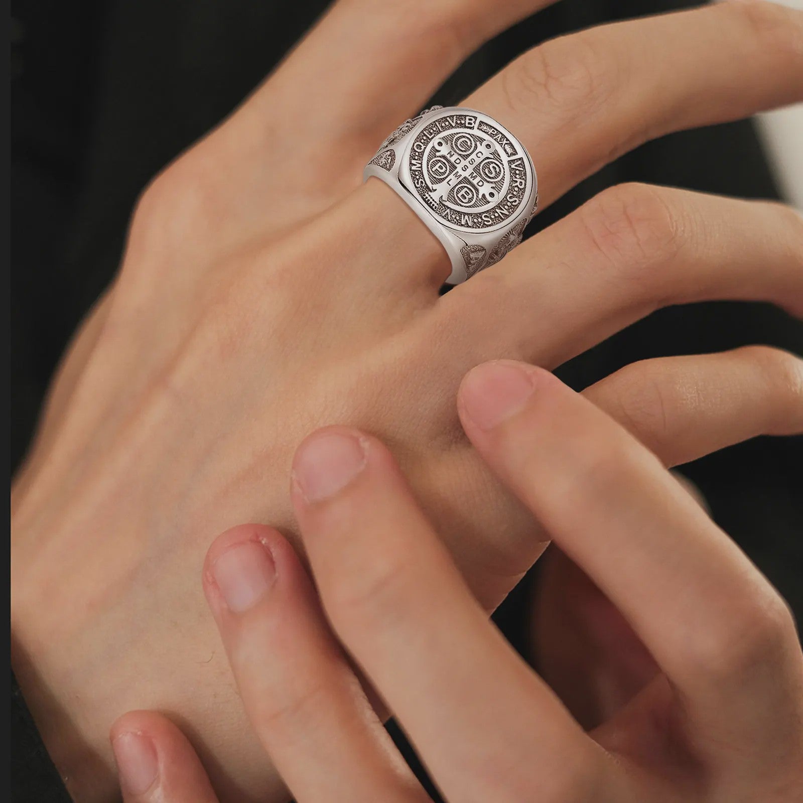 Sint Benedictus Ring 925 Sterling Zilver - Verstelbaar, Vintage Kruis Medaille Juweel