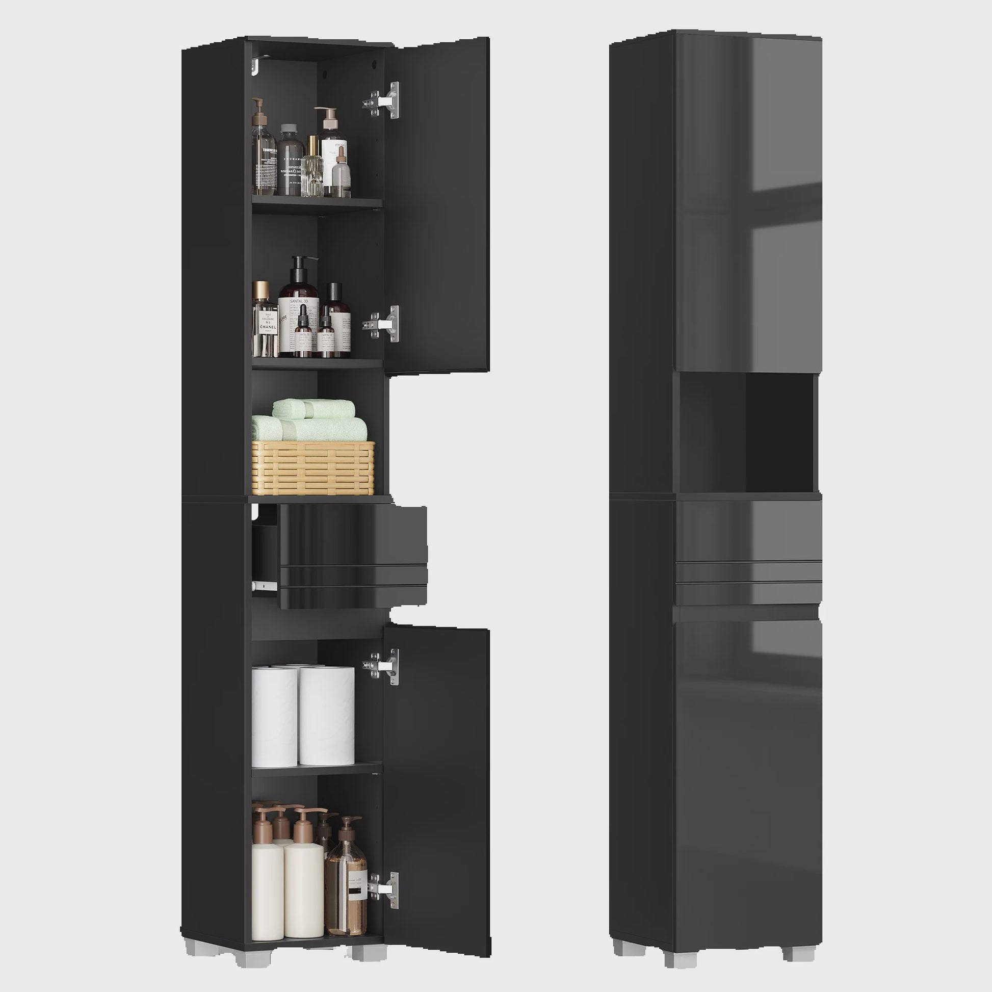 VASAGLE Hoge Badkamerkast met Lade, Open Vak en Verstelbare Planken - 30x30x170 cm