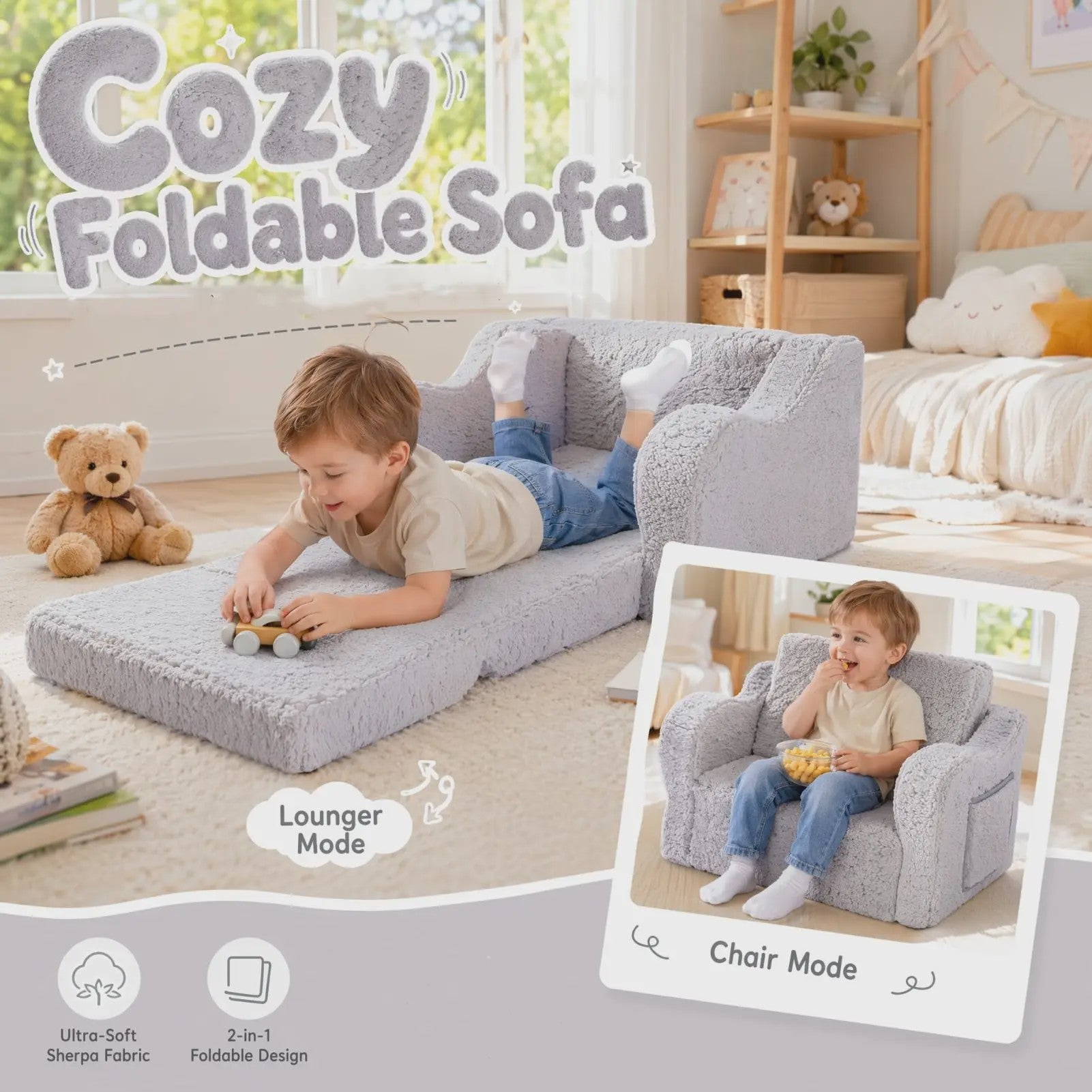 Comfortabele Kinderbank 2-in-1: Uitklapbare Speelstoel met Zachte Sherpa Coating