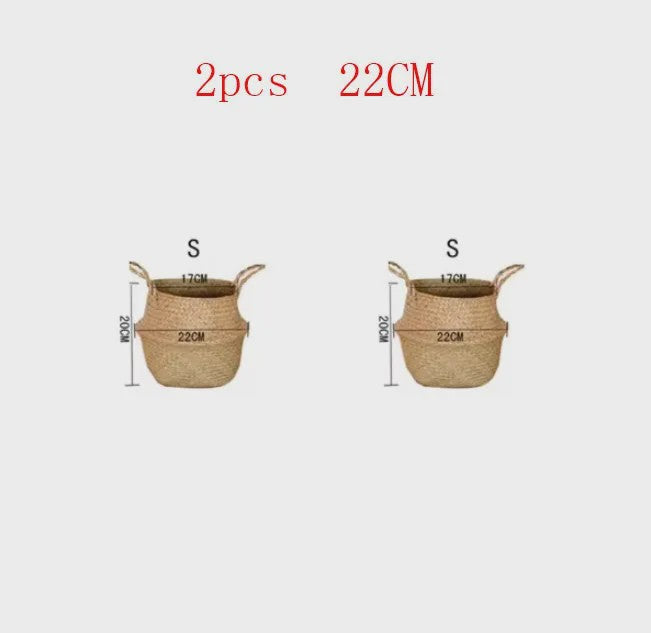 Handgeweven Zeegras Mand met Handvatten - Decoratieve Opbergmand & Plantenpot