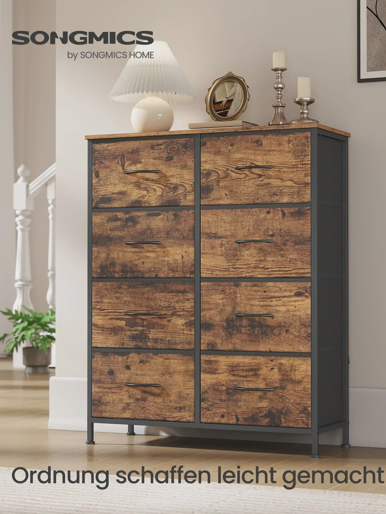 SONGMICS Ladekast met 8 Lades - Stijlvolle Opbergkast in Vintage Hout-Look en Staal