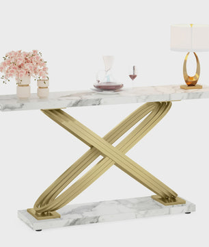 Moderne Console Tafel met Faux Marmer en Gouden X-Frame - 140 cm