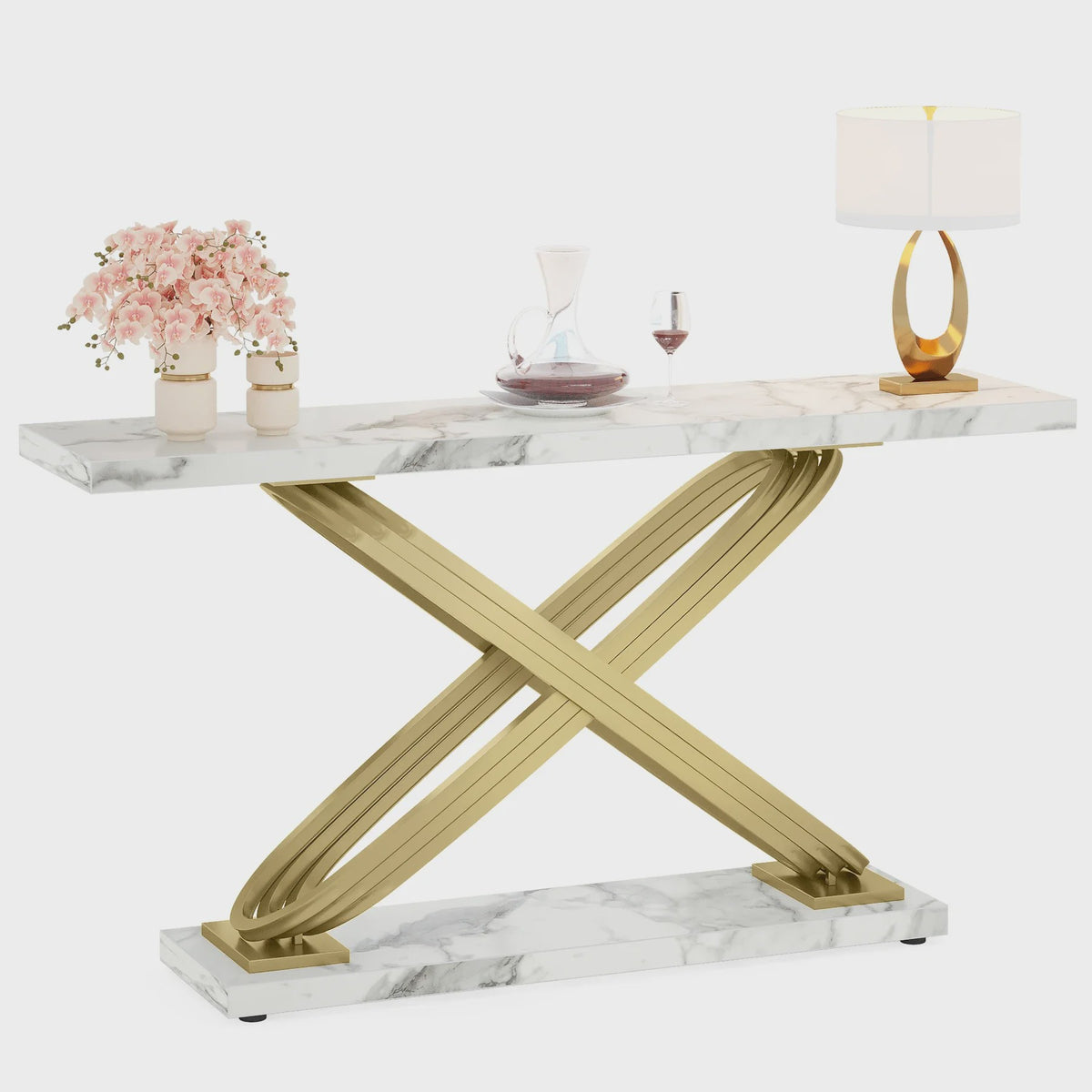 Moderne Console Tafel met Faux Marmer en Gouden X-Frame - 140 cm