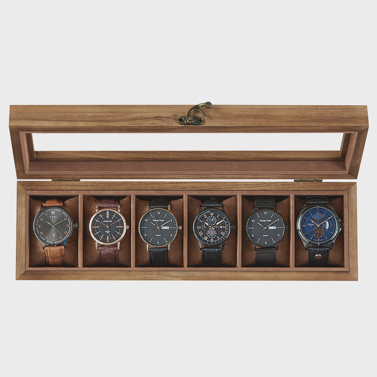 Luxe Houten Horlogedoos met 6 Vakken en Glazen Deksel - Stijlvolle Opberger