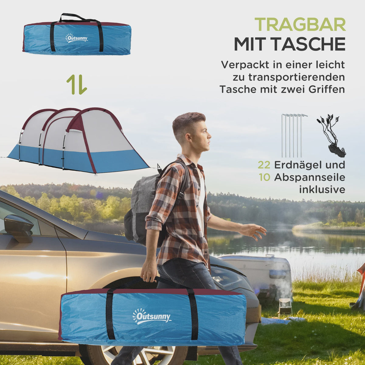Outsunny Tunnel Tent voor 2 Personen met Luifel - Ideaal voor Camping & Tuin