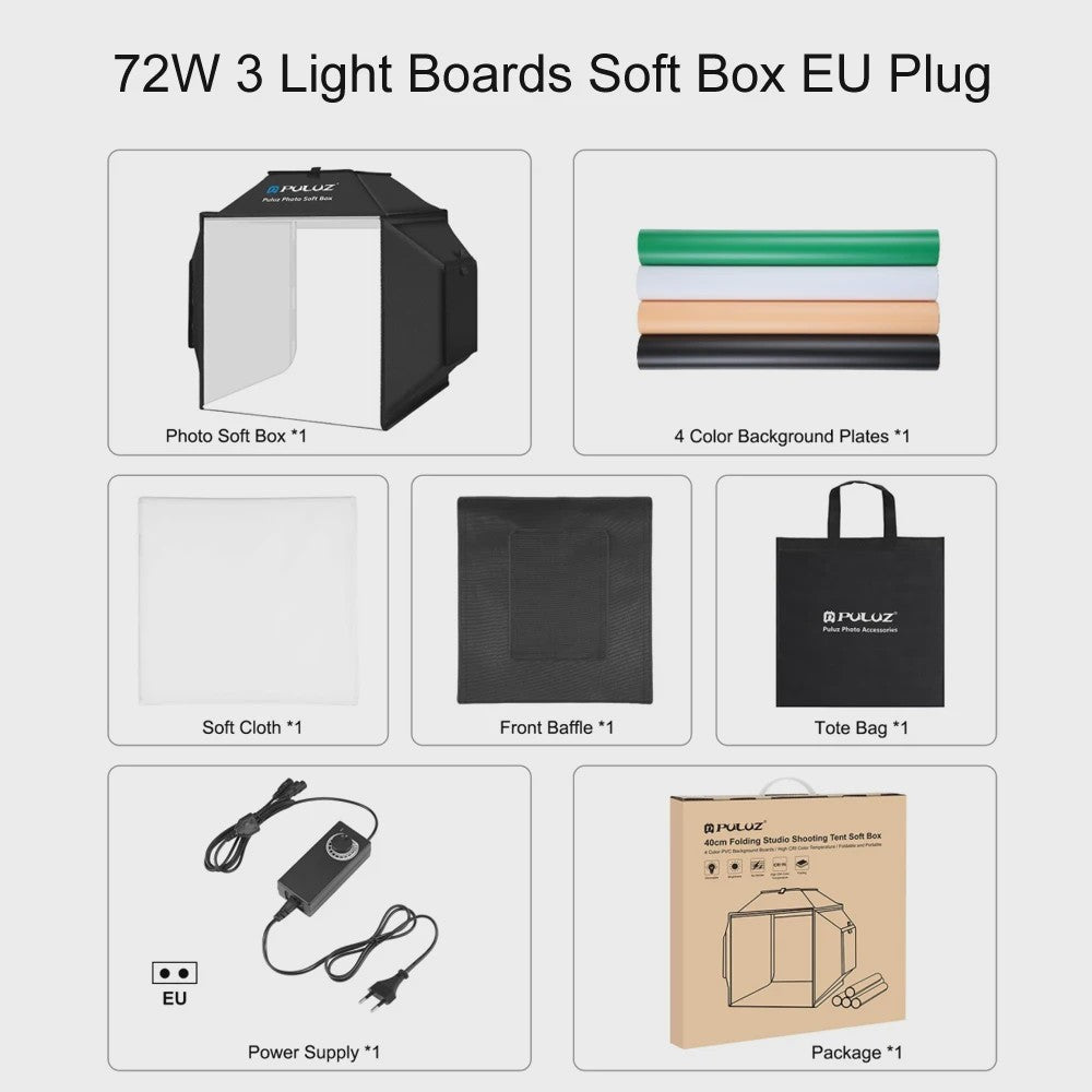Puluz 40cm Fotostudio Lightbox Softbox Kit met 4 Kleuren Achtergronden - Opvouwbaar