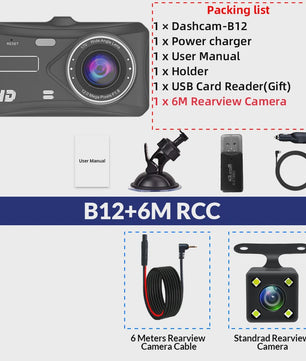 E-ACE Full HD 1080P Dash Cam met 4-inch Touch IPS Scherm, Dubbele Camera Voor & Achter, Nachtzicht en Parkeerfunctie