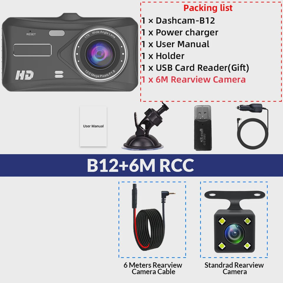 E-ACE Full HD 1080P Dash Cam met 4-inch Touch IPS Scherm, Dubbele Camera Voor & Achter, Nachtzicht en Parkeerfunctie