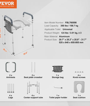 Verhoogd Toilet Zitting met 7-Positie Hoogteverstelling, Comfortabele Handgrepen en Aluminium Frame - Max 158 kg