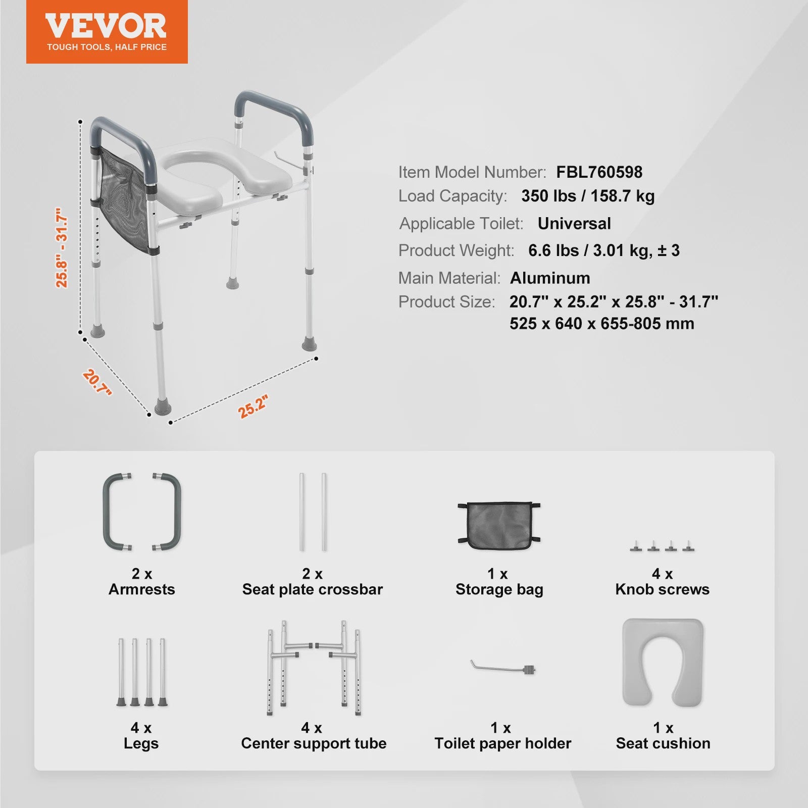 Verhoogd Toilet Zitting met 7-Positie Hoogteverstelling, Comfortabele Handgrepen en Aluminium Frame - Max 158 kg
