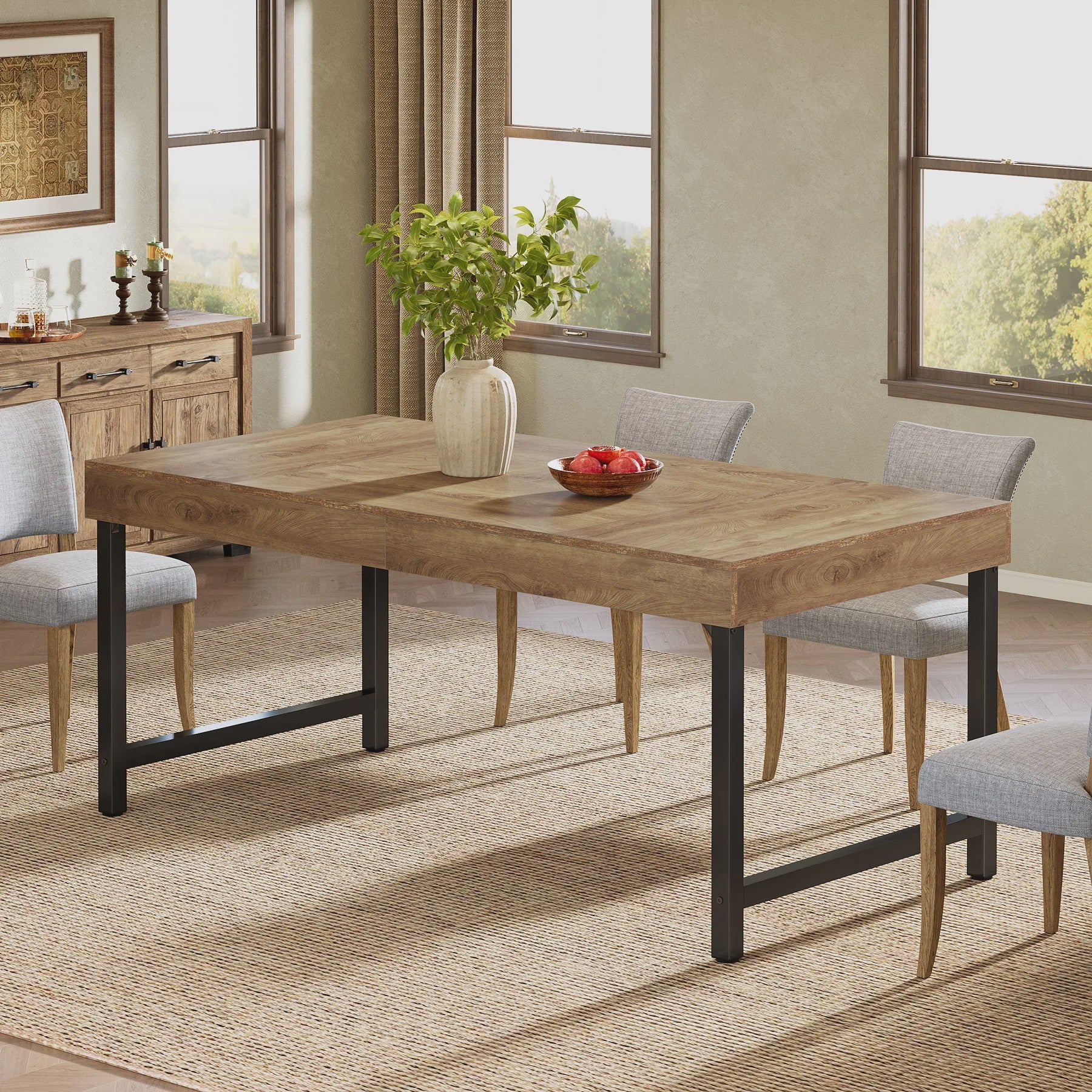 Industriële Eettafel voor 4-6 Personen - 140 cm Houtlook met Zwart Metaal