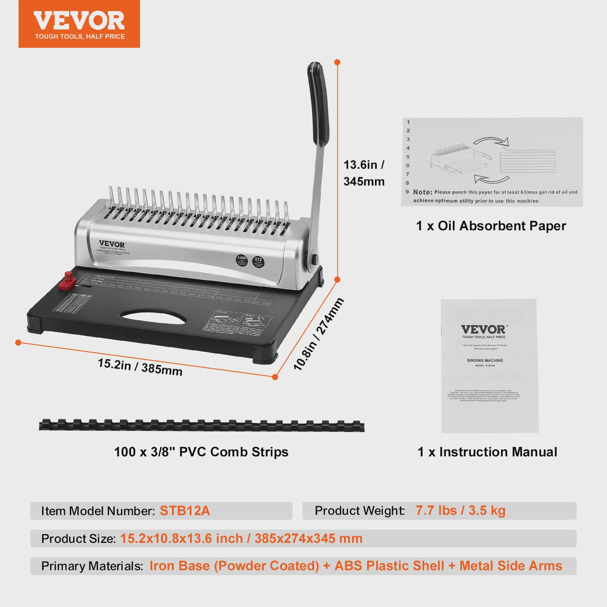Professionele Comb Binder Machine: 21 Gaten, 450 Vel Capaciteit & 100 Spiraalringen