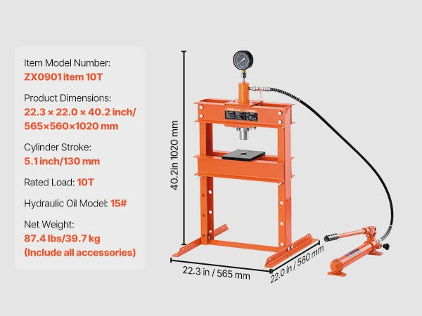 Hydraulische Werkplaatspers 10 Ton - H-Frame met Verstelbare Persplaat