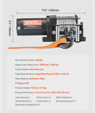 SucceBuy 3000LBS Elektrische Lier 12V met Bedrade Afstandsbediening - Waterdicht & Robuust