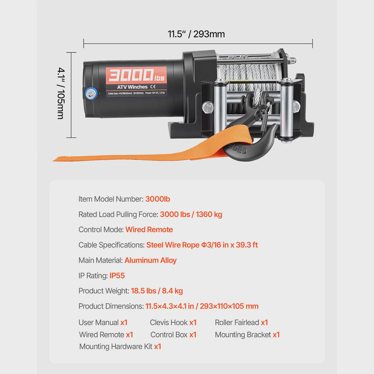 SucceBuy 3000LBS Elektrische Lier 12V met Bedrade Afstandsbediening - Waterdicht & Robuust