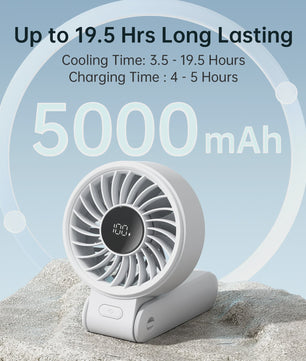 JISULIFE Draagbare Handventilator met LED Display, 5 Snelheden, 5000mAh, 150° Opvouwbaar, 3-in-1 Multifunctioneel