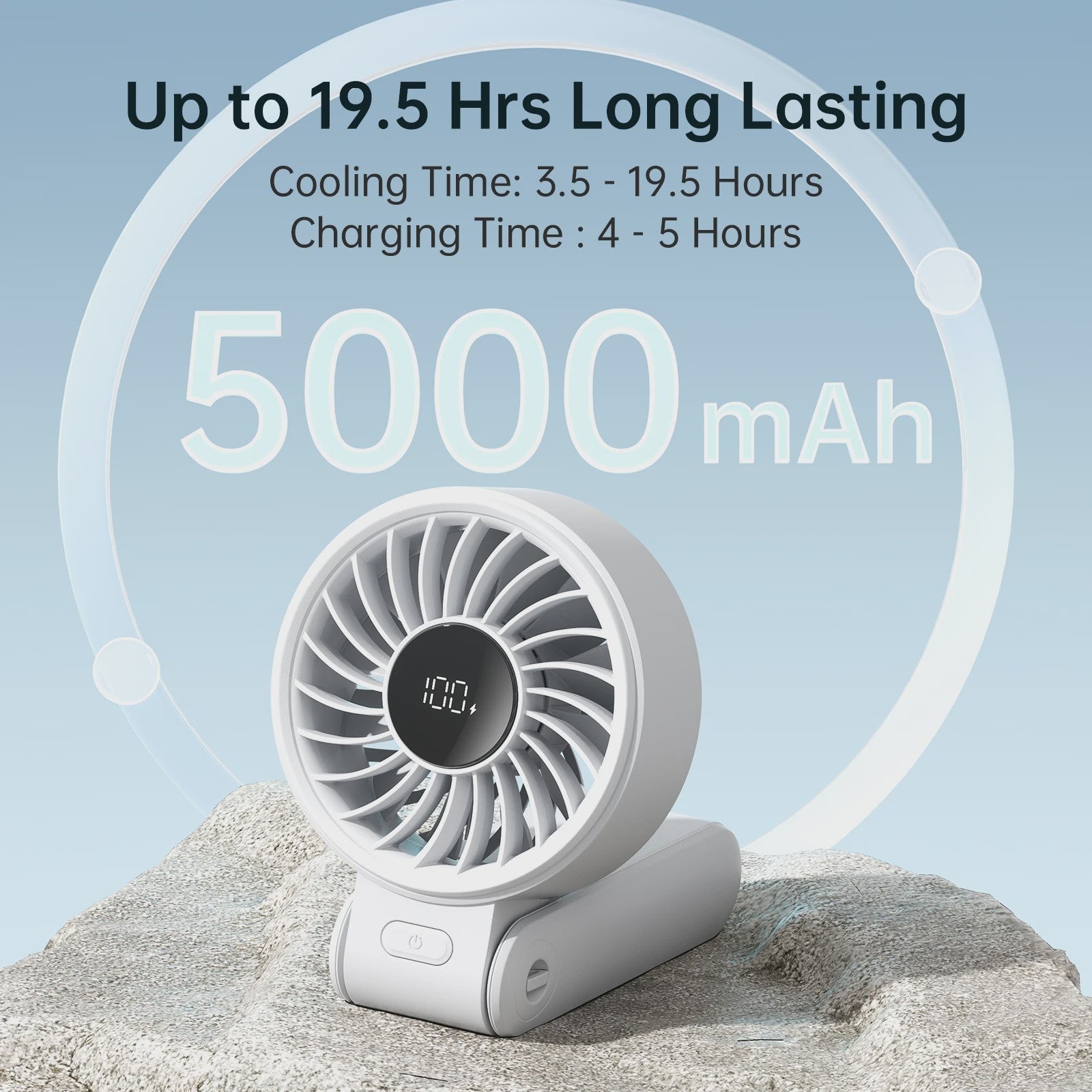 JISULIFE Draagbare Handventilator met LED Display, 5 Snelheden, 5000mAh, 150° Opvouwbaar, 3-in-1 Multifunctioneel