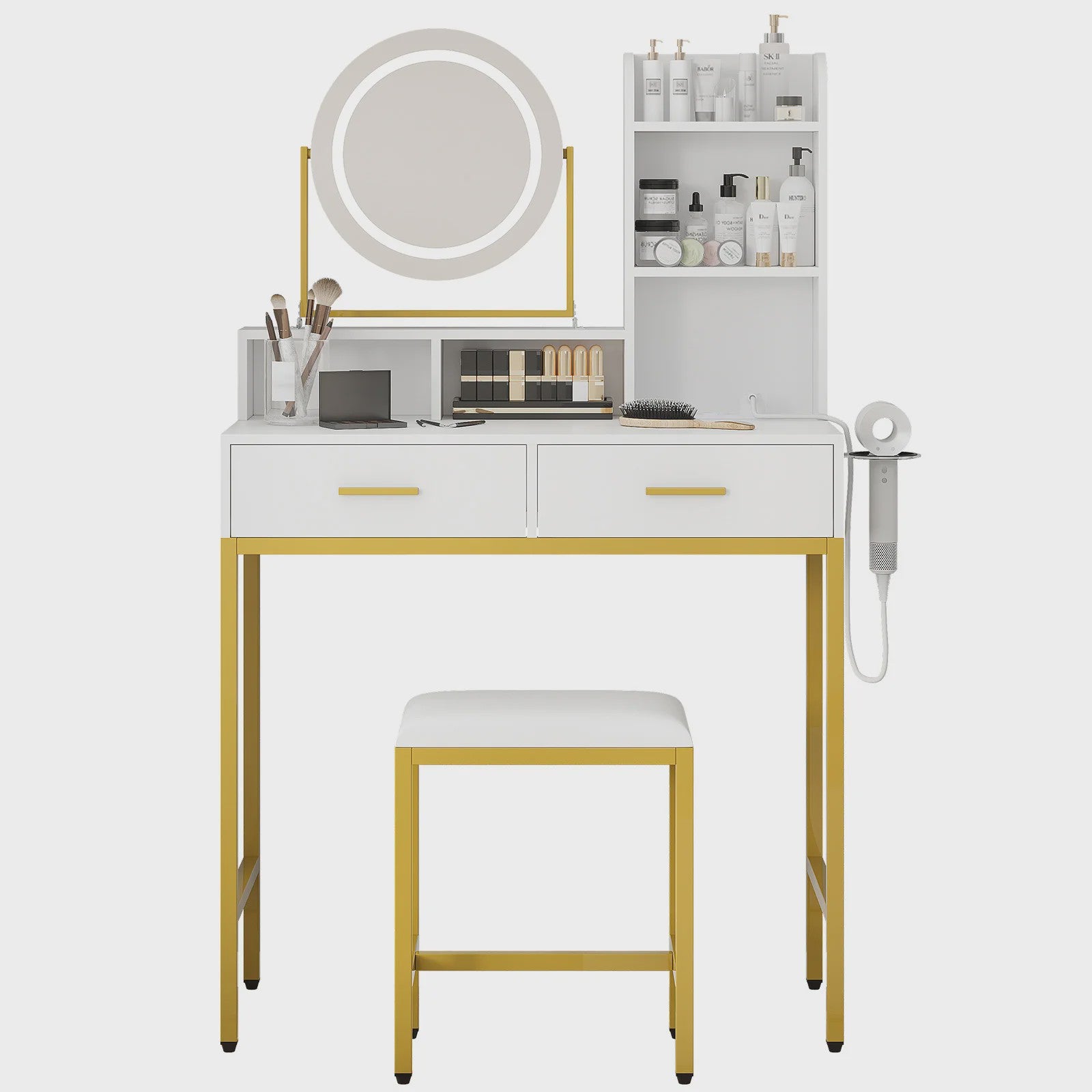 Make-up Tafel met Verlichte Spiegel, 3 Lichtstanden & Föhn-houder