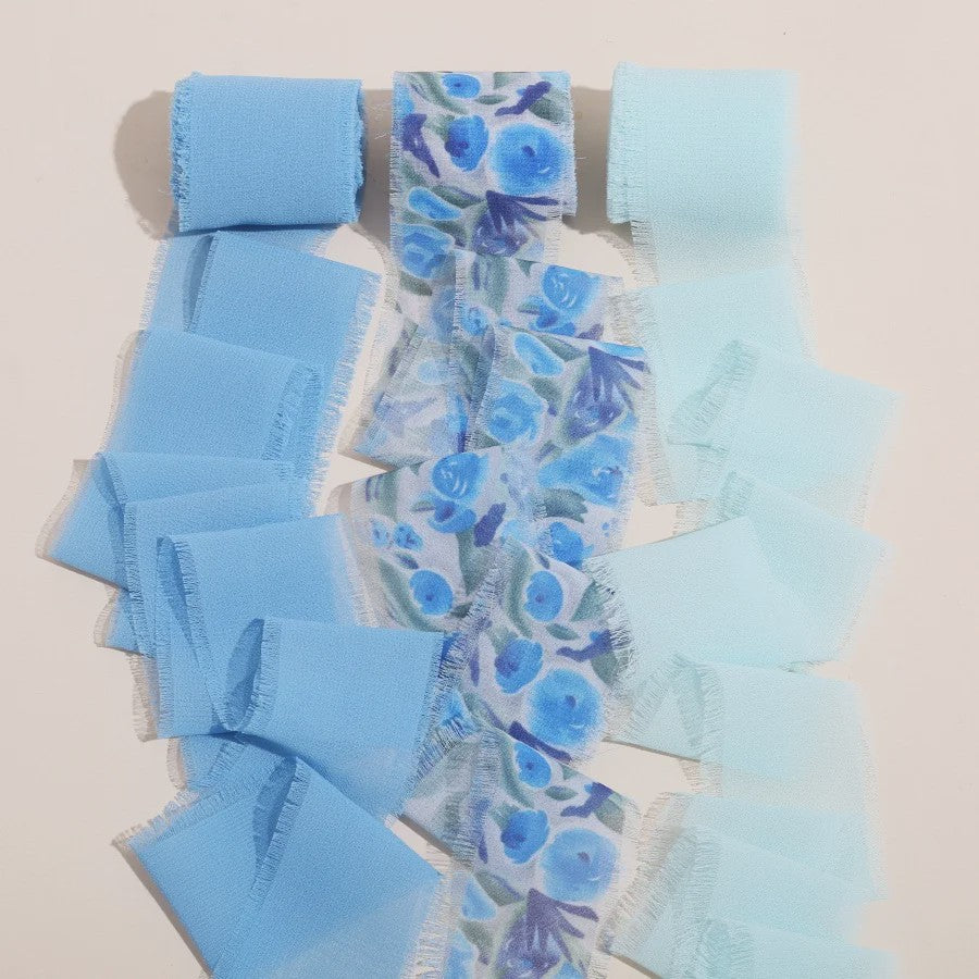 Handgemaakte Satijn Chiffon Lint Set - 3 Rollen van 5m met Rafeleffect voor Bruiloft, Cadeau & DIY Decoratie