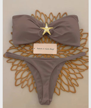Bandeau Bikini Set met Sterrenornament - Sky Blue Push-Up Thong Badpak