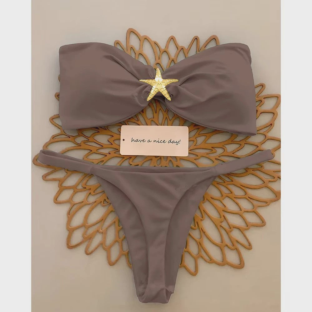 Bandeau Bikini Set met Sterrenornament - Sky Blue Push-Up Thong Badpak