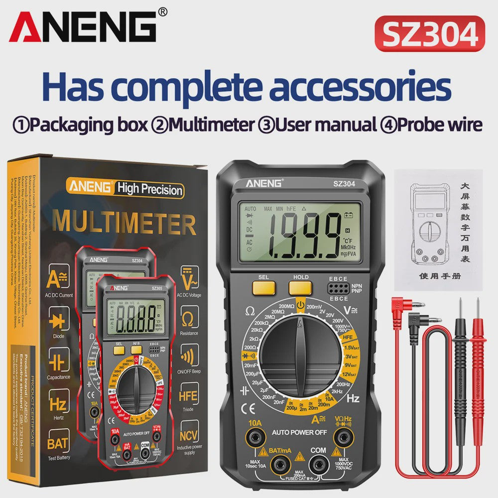 ANENG SZ304 Digitale Multimeter: Hoge Precisie AC/DC Spanning, Stroom, Weerstand & NCV Tester