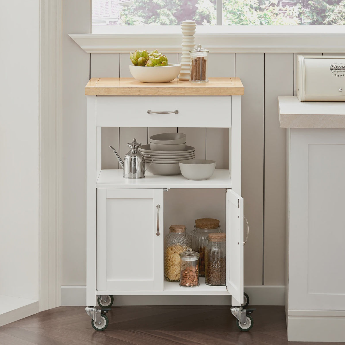 SoBuy Keukentrolley FKW22 - Houten Werkblad, Opbergruimte & Wielen