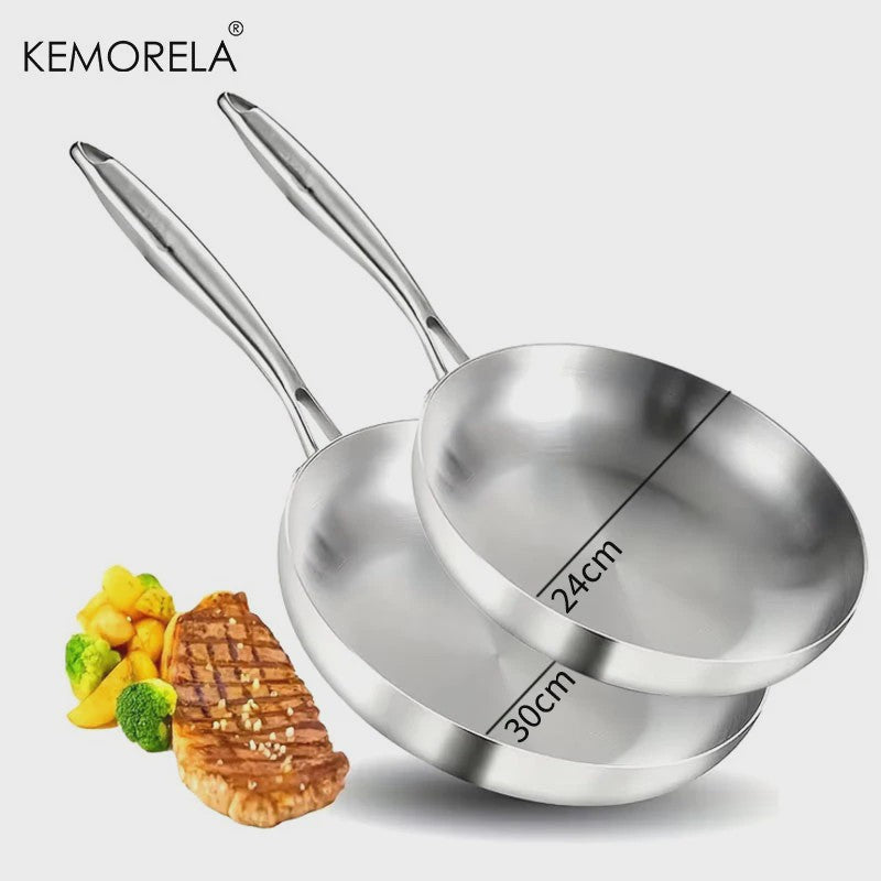 Set van 3 RVS Koekenpannen & Wokpannen (22-28 cm) - 5-laags Staal, 2mm Dik