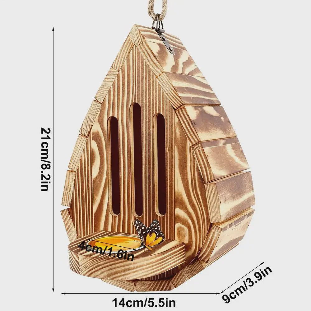 Houten Vlinderhuisje met Voederbakje & Ophangtouw - Decoratief Bijenhotel voor Tuin & Balkon