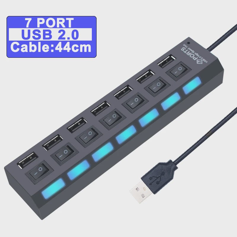 USB Hub 3.0/2.0 met 4 of 7 poorten, individuele schakelaars en LED-indicatoren