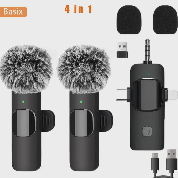 Basix 4-in-1 Draadloze Lavalier Microfoon voor iPhone & Android - Mini Microfoon met Noise Cancelling