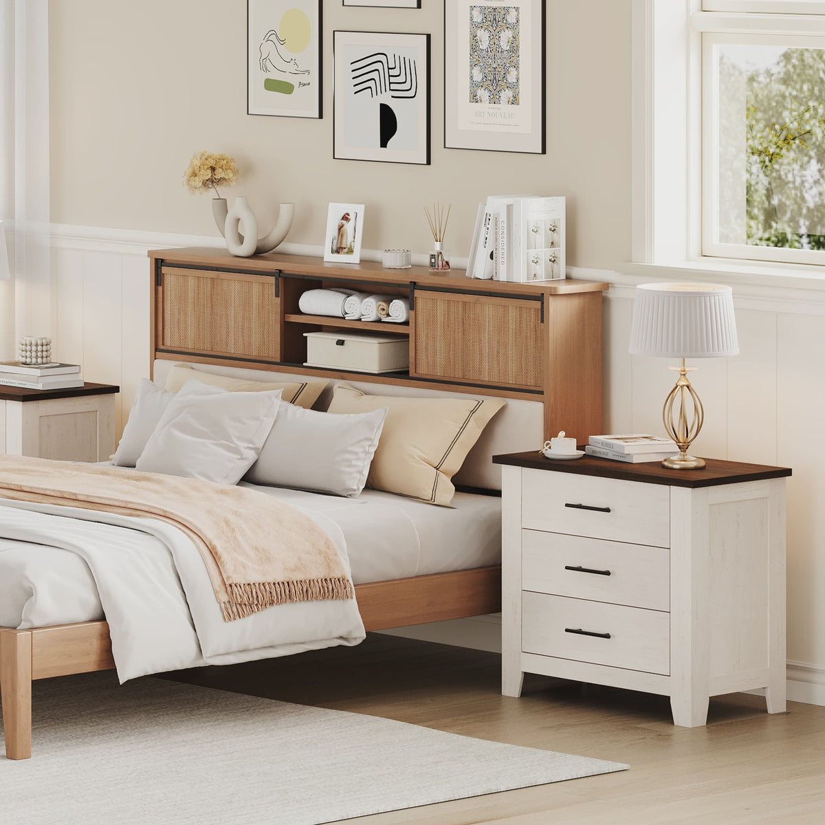 3-Laden Commode Wit Bruin - Compact Nachtkastje en Ladekast voor Slaapkamer/Woonkamer