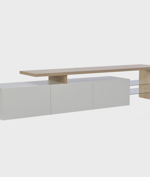 Moderne TV Meubel met LED Verlichting, 3 Lades en Glazen Partition - Wit/Zwart Hoogglans