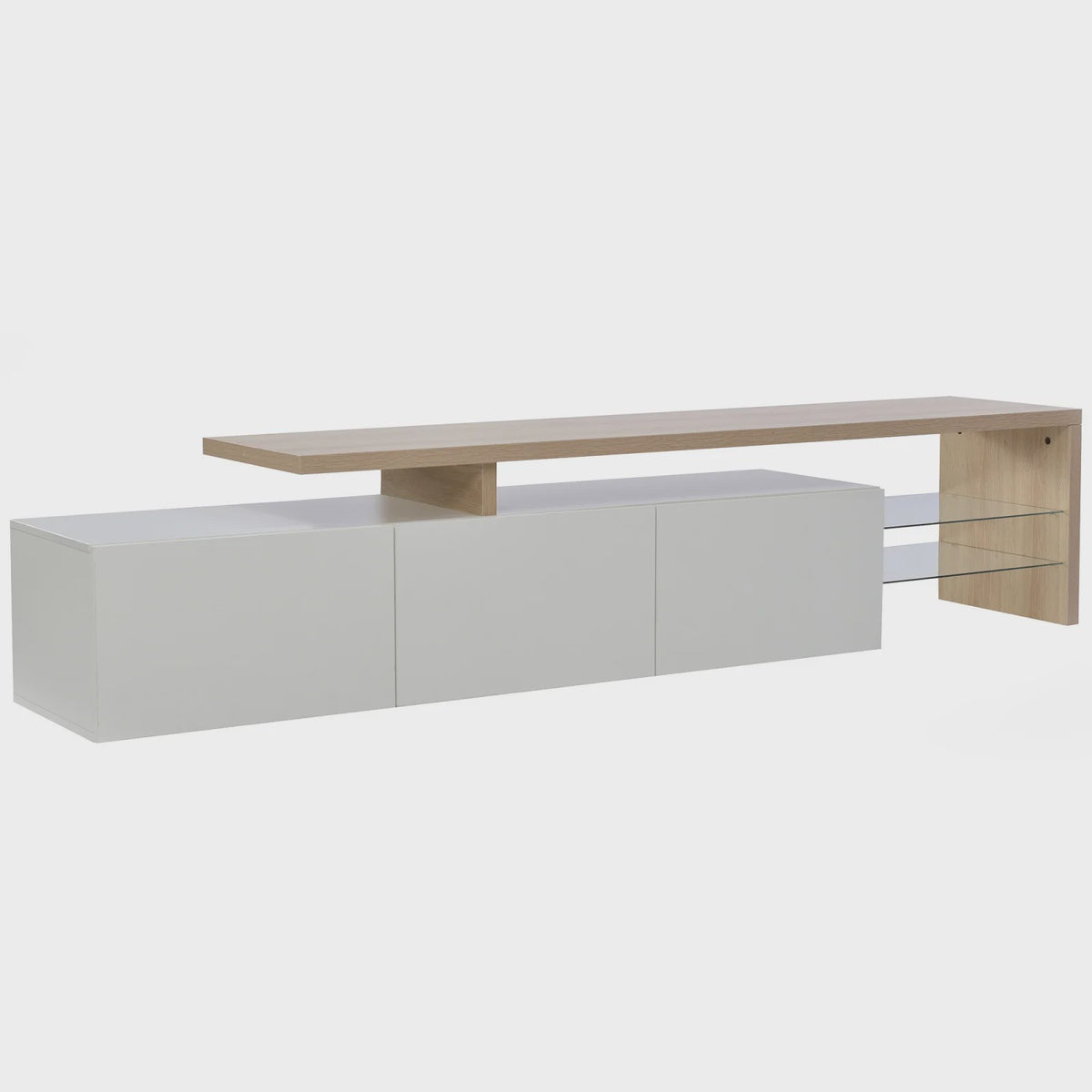 Moderne TV Meubel met LED Verlichting, 3 Lades en Glazen Partition - Wit/Zwart Hoogglans