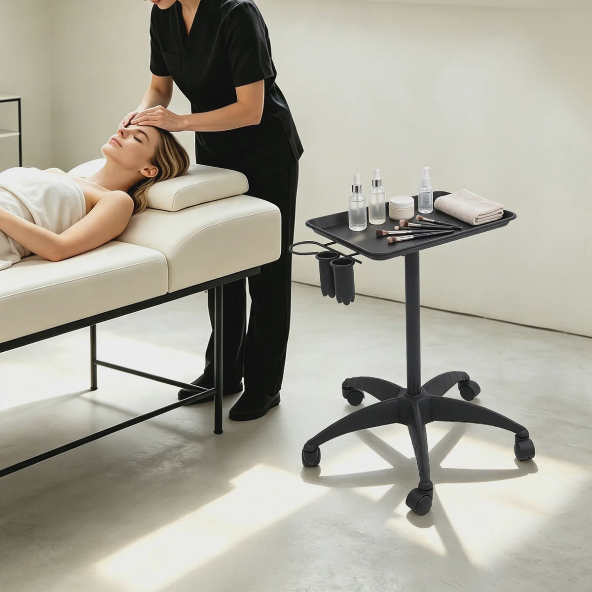 Verstelbare Salon Trolley met Wielen - Zwarte Werkwagen voor Kappers en Barbers