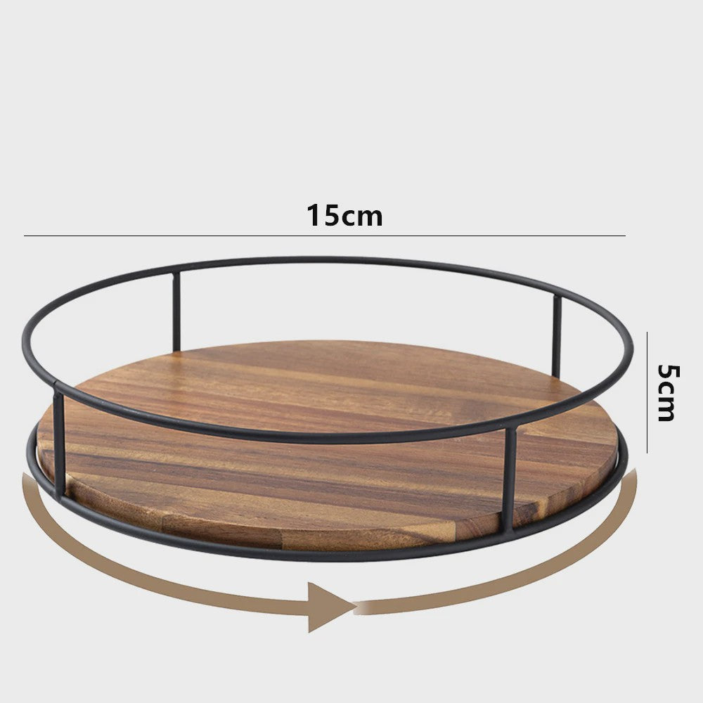 Draaibare Acacia Houten Serveerschaal met Metalen Rand - Keuken Organizer