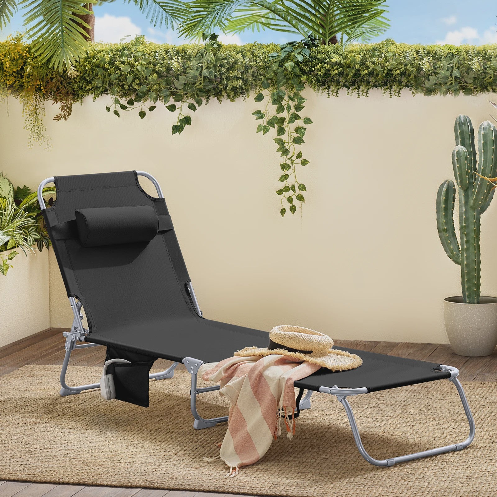 Opvouwbare ligstoel voor de tuin met hoofdsteun en zijvak - Comfortabel en praktisch