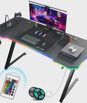 GTPLAYER Gaming Bureau 120x60cm met LED Verlichting, Ingebouwde Socket en USB-poorten