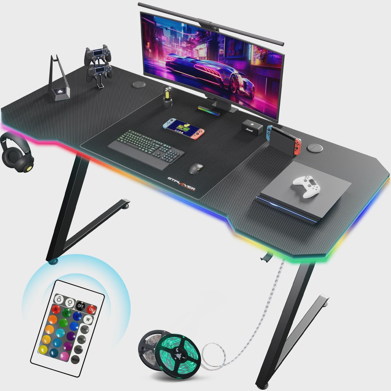 GTPLAYER Gaming Bureau 120x60cm met LED Verlichting, Ingebouwde Socket en USB-poorten