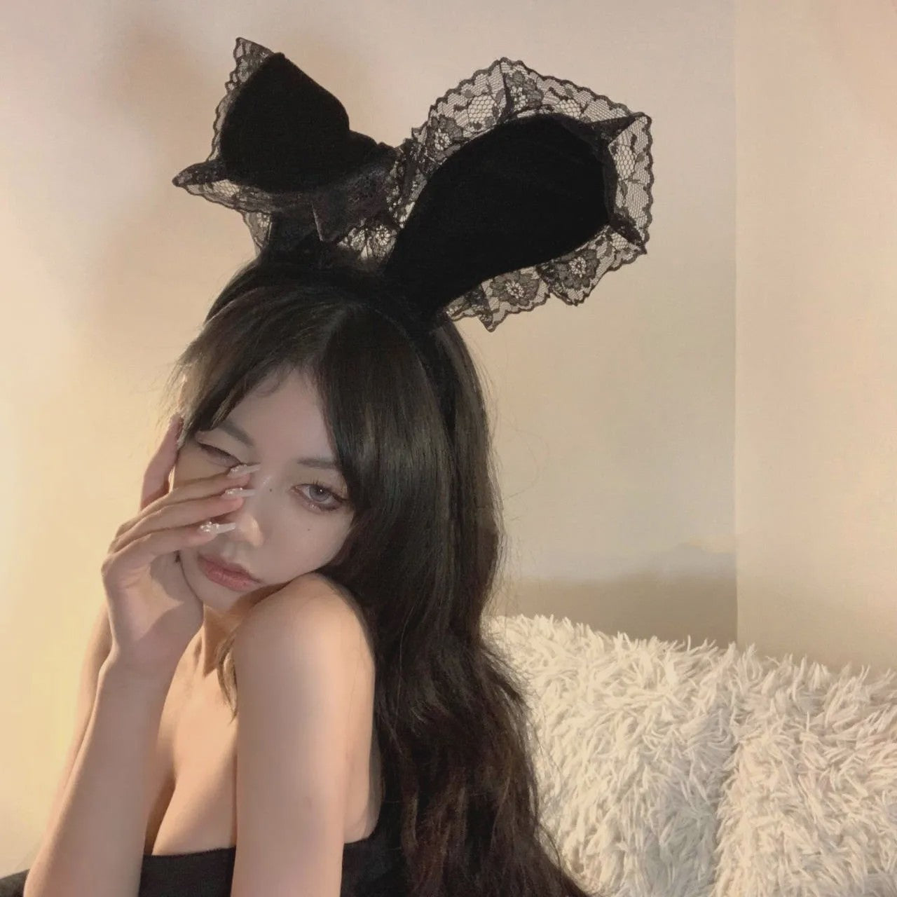 Luxe Bunny Oor Hoofdband met Kant en Bijpassend Oogmasker - Sexy Accessoire