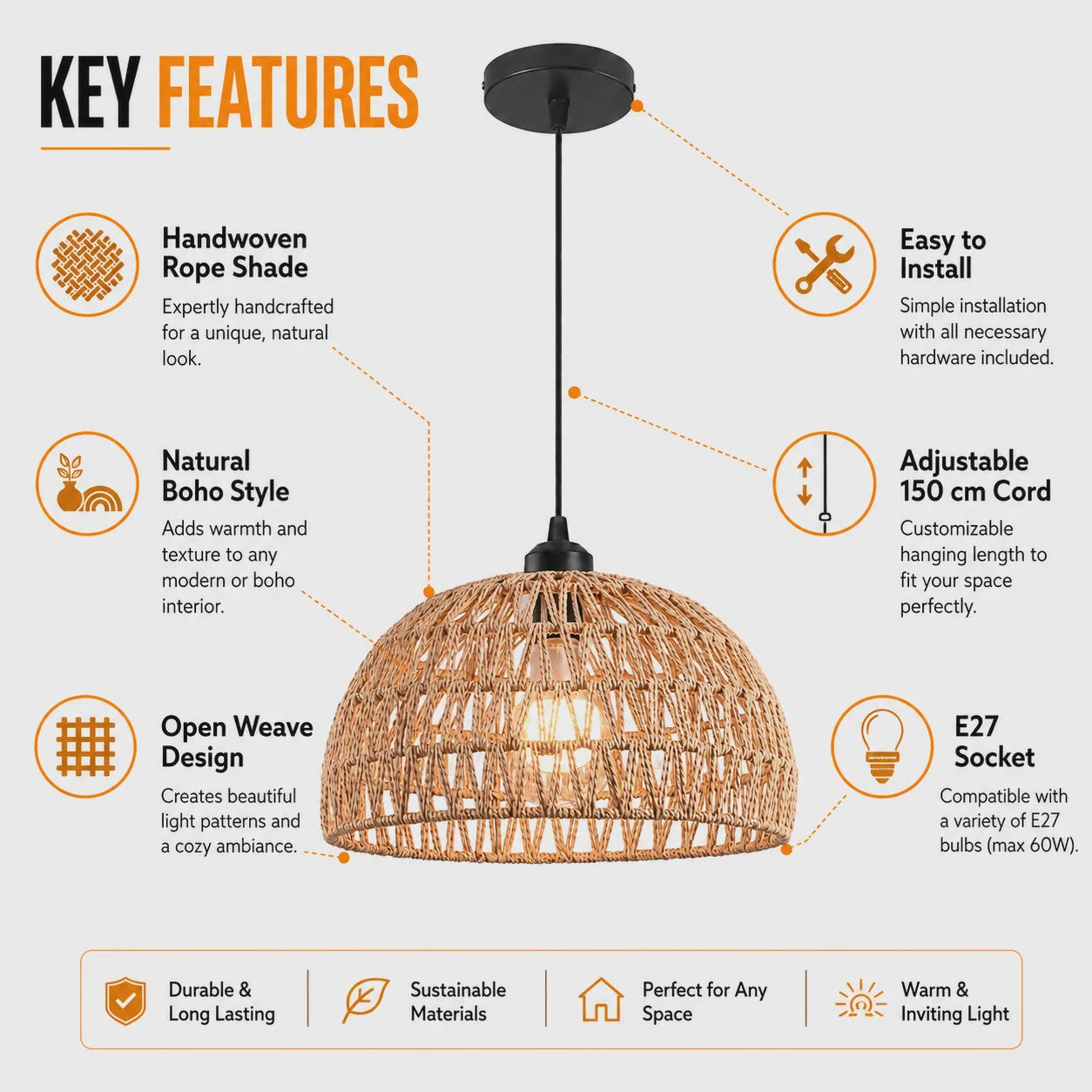 SediaXL Rotan Hanglamp Boho Stijl 30cm - Woven Paper Rope Plafondlamp