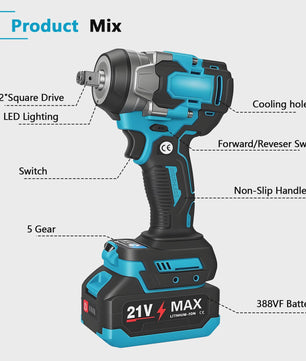 Krachtige Accu Slagschroevendraaier 1200Nm - Borstelloos, 5 Versnellingen, 1/2" Aansluiting, Compatibel met Makita 18V Batterijen