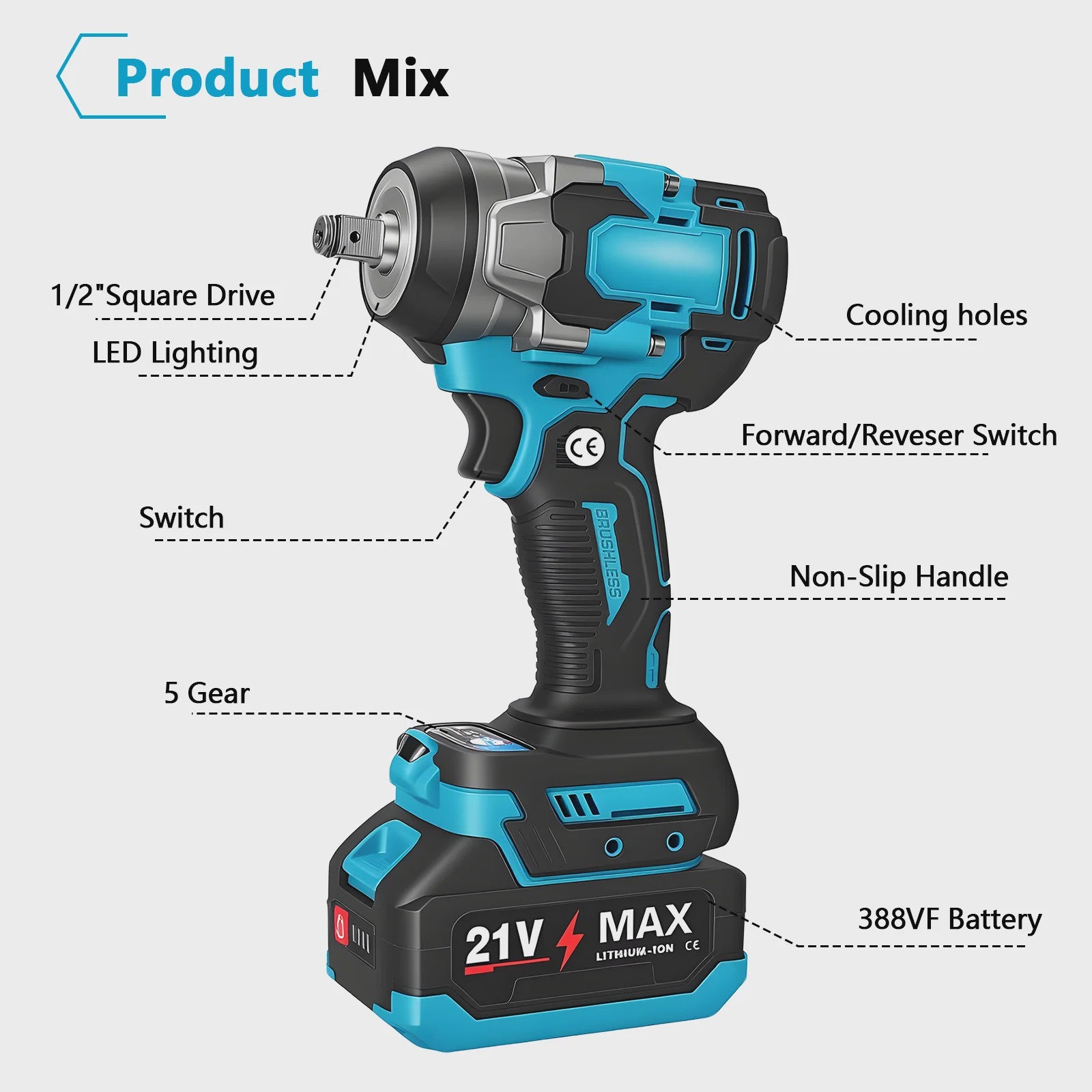Krachtige Accu Slagschroevendraaier 1200Nm - Borstelloos, 5 Versnellingen, 1/2" Aansluiting, Compatibel met Makita 18V Batterijen