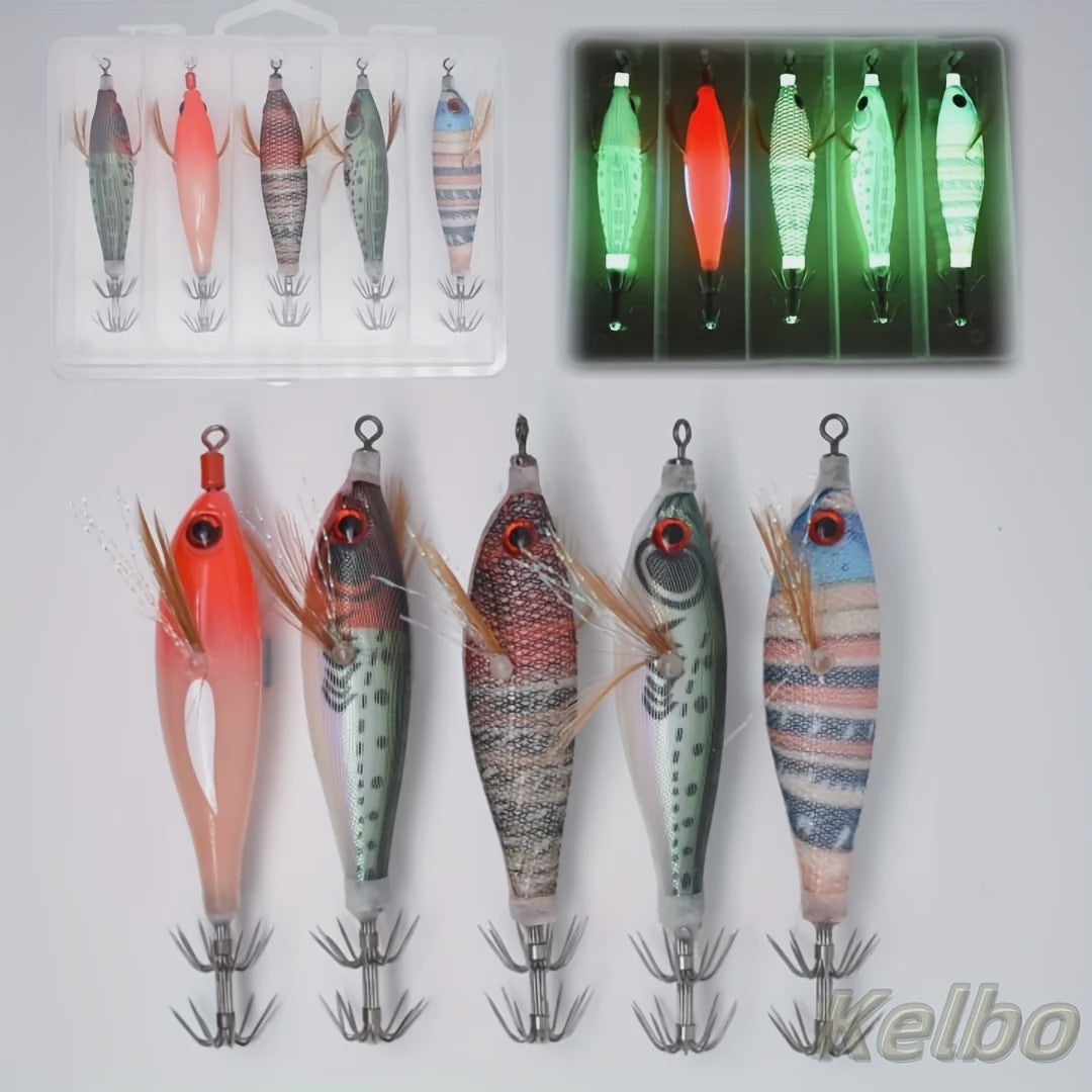 5x Visloodjes Set - Glow-in-the-Dark Kunstaas met 3D Ogen - Realistisch Garnalen, Inktvis, Octopus - Hard Bait Jig Lures met Haken