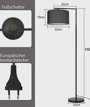 Moderne Zwarte Boog Vloerlamp met Stoffen Kap - E27 Fitting & Voetschakelaar
