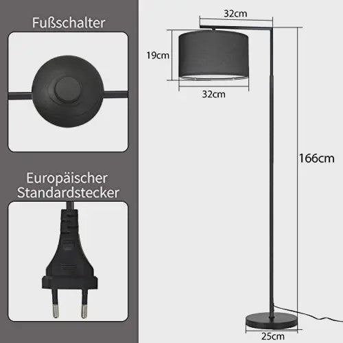 Moderne Zwarte Boog Vloerlamp met Stoffen Kap - E27 Fitting & Voetschakelaar